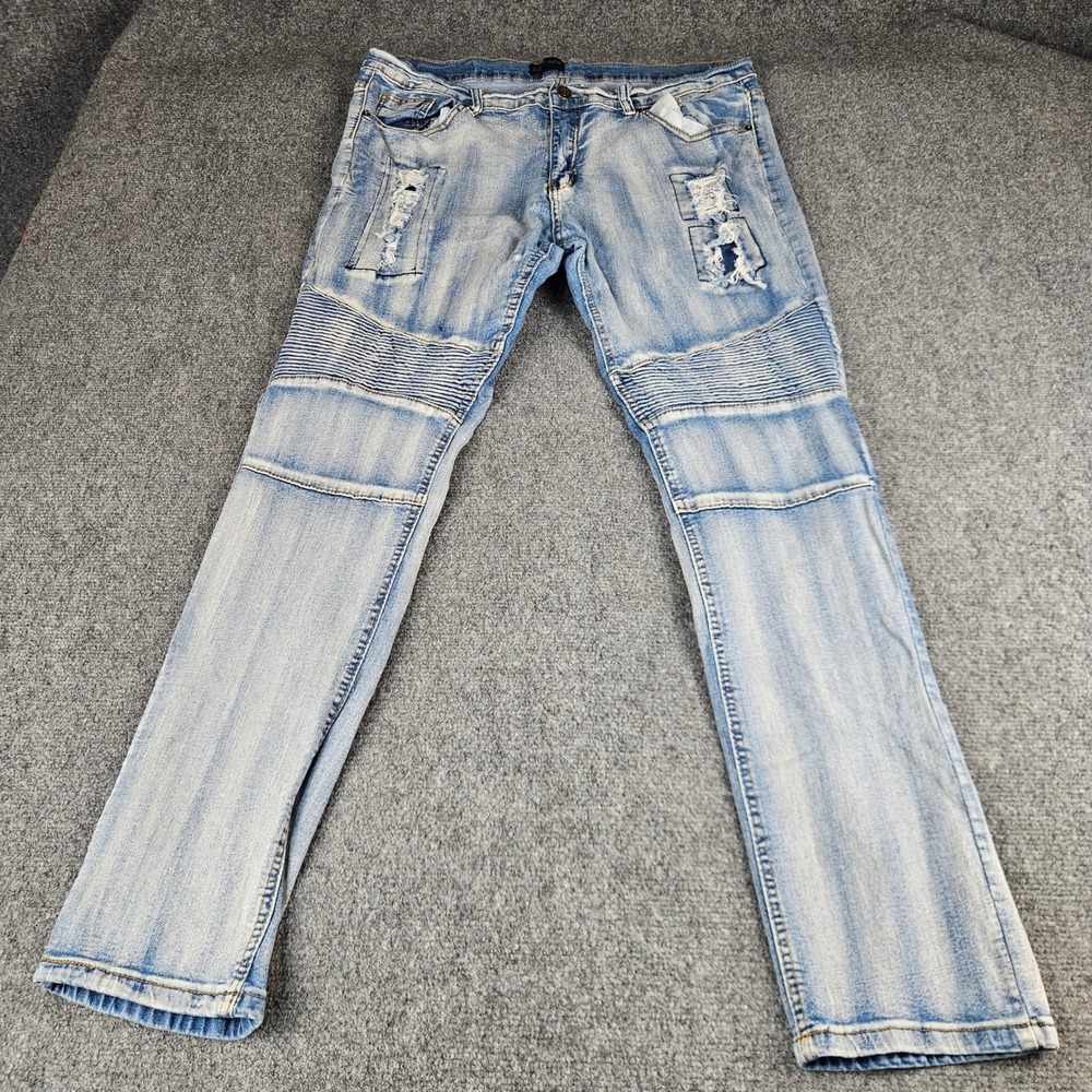 Black Premium Skinny Flex Moto Jeans Mens 38x32‎ Light Wash Distressed Blue